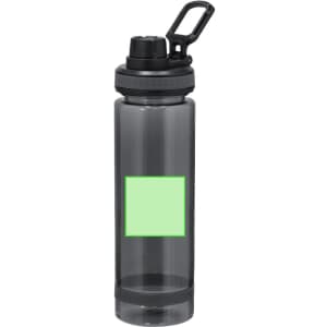 A drink bottle in grey with a black cap and a green section for customisation. Features a carry handle.