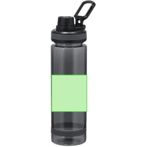 A drink bottle in grey with a black lid and handle, featuring a green blank label area.