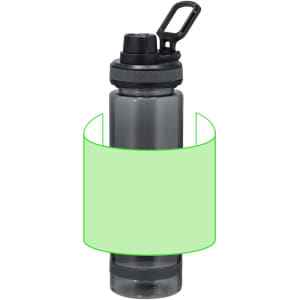 A drink bottle in grey with a black lid and a carrying handle, featuring a logo.