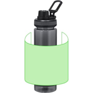 A drink bottle in grey with a black cap and handle, featuring a branding logo near the top.
