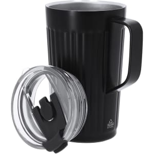 A black insulated travel mug with a clear lid and a sturdy handle, featuring a ribbed exterior design.
