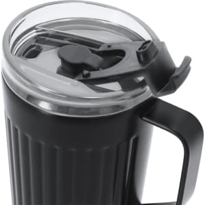 A black insulated travel mug with a transparent lid and a handle, featuring a secure spout for sipping.