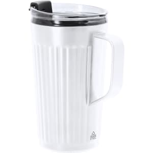An insulated travel mug in white with a ribbed design and a black lid. It features a sturdy handle and branding.