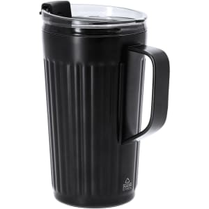 A travel mug featuring a ribbed black body, a handle, and a clear lid. It includes a logo on the base.