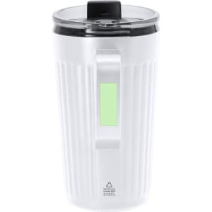 An insulated travel mug in white with a black lid and handle, featuring a small green accent panel.
