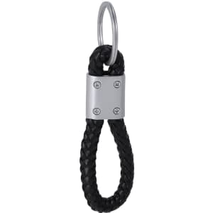 A black braided keyring featuring a metallic connector with rivets. It includes a metal ring for attaching keys.