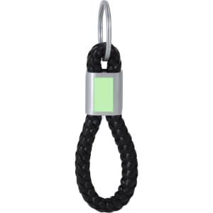 A black braided keyring with a silver attachment and a light green accent. Features a logo on the silver element.