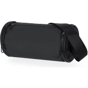 A black cylindrical bag with zippers and a shoulder strap, featuring a logo.
