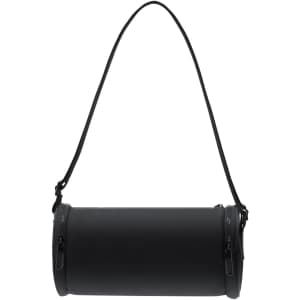 A cylindrical black bag with a shoulder strap, featuring zippers on both ends and a smooth texture.