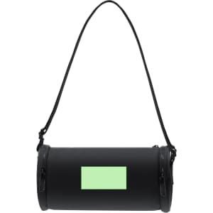 A black cylindrical bag with a long strap and a green rectangular patch, featuring a logo on the design.