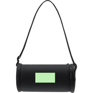 A cylindrical black bag with a long black strap and a blank rectangular area for branding or design.