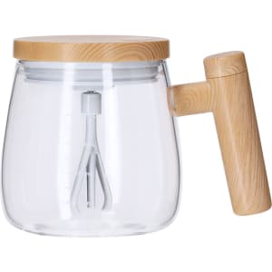 A mixing mug with a clear glass body and a wooden handle, featuring a whisk inside and a wooden lid.