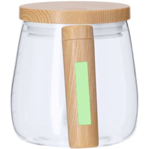 A mixing mug with a transparent body and a wooden lid, featuring a detachable wooden handle.