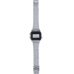 A silver digital watch with a rectangular face and metal link band, featuring a black display and a logo.