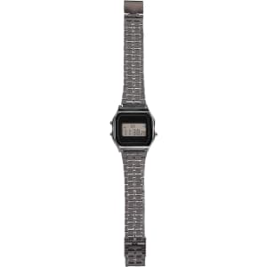 A silver digital watch with a square face and metal link strap, featuring a digital display and a logo.