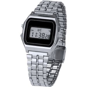 A silver digital watch with a rectangular face and metal link band. It features a black screen display.