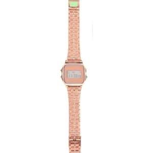 A rose gold digital watch with a rectangular face and a linked bracelet design. It features a logo on the watch face.