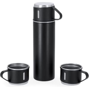 A drink bottle set in black, featuring a thermos and two matching cups, each with a handle.