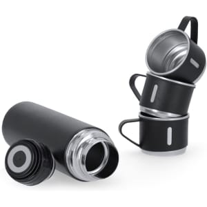 A drink bottle and three black thermos cups with silver interiors, featuring a sleek design and a logo.