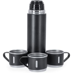 A drink bottle in black with a silver lid, accompanied by three black mugs with silver accents.