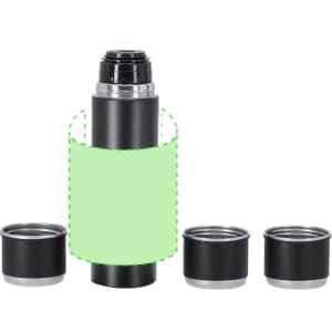 A drink bottle in black with three matching cups in silver and black, featuring a logo.