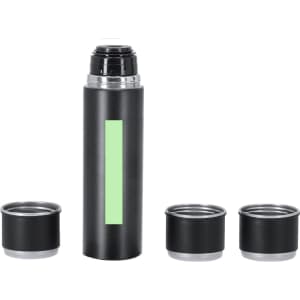 A drink bottle in black with a green stripe and two matching cups. The set includes a thermos and two cups.