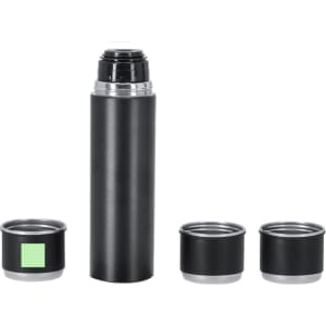 A drink bottle set featuring a black thermos and two matching cups, all with a sleek design and a logo.