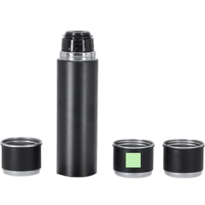 A drink bottle set featuring a matte black thermos and two matching cups. The thermos has a silver collar and a logo.