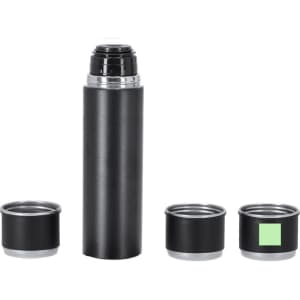 A drink bottle in black, with two black cups and a silver accent, includes a logo.