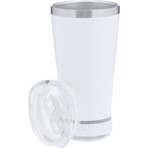 An insulated white travel mug featuring a silver band and a clear lid, with a built-in speaker at the base.