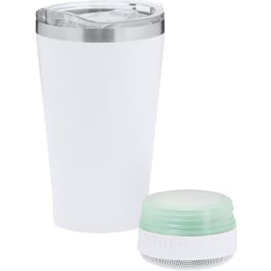 A drink bottle in white with a transparent lid, accompanied by a compact speaker with a mint green top.
