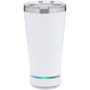 A white insulated cup with a silver rim and a bottom speaker, featuring a glowing light band.