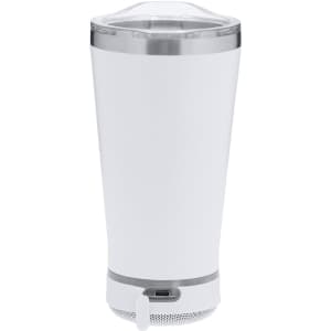 A drink bottle in white with a stainless steel base and a speaker at the bottom, featuring a clear lid.