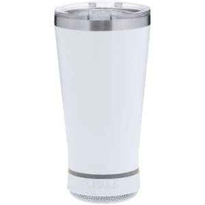 A drink bottle with a sleek white exterior, featuring a silver base and a built-in speaker.