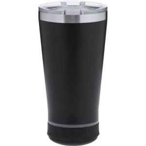 A black insulated cup with a clear lid and a speaker base, featuring a metallic band around the top.