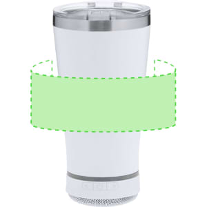 A white insulated cup speaker with a stainless steel base and a clear lid, featuring a logo on the body.