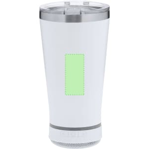 A drink bottle with a white exterior, featuring a clear lid and a base equipped with a speaker. It has a branding area.