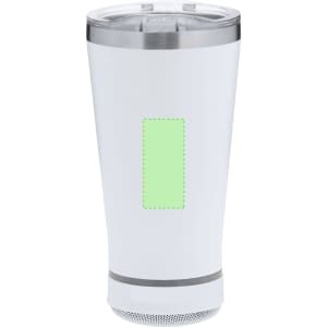 A white insulated cup speaker with a transparent lid and a silver base, featuring a blank area for branding.