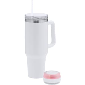 A drink bottle in white with a handle and clear lid, accompanied by a small container, featuring a straw.