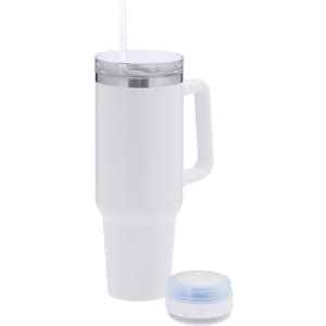 A white insulated jug speaker with a straw, featuring a handle and a detachable base. It includes a logo.