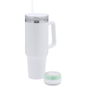A drink bottle in white with a handle, clear lid, and a straw, accompanied by a small circular accessory.