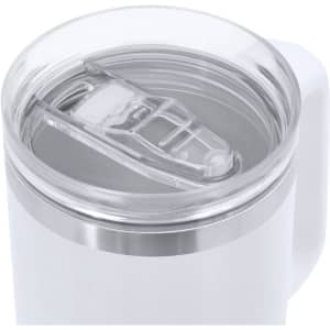 A drink bottle with a white exterior and a clear lid, featuring a stainless steel rim. It has a logo on the side.