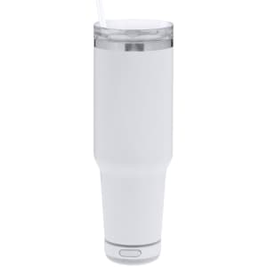 A drink bottle in white with a clear lid and straw, featuring a silver base and a branding logo.