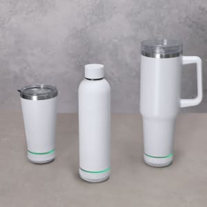 A drink bottle trio featuring insulated jugs in white with a green accent, alongside a logo on each.