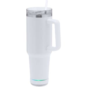 A drink bottle in white with a handle, featuring an insulated design and a built-in speaker at the base.