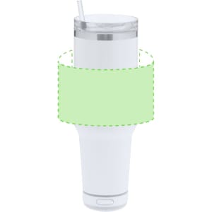 A drink bottle in white with a clear lid and straw, featuring a logo on the side.