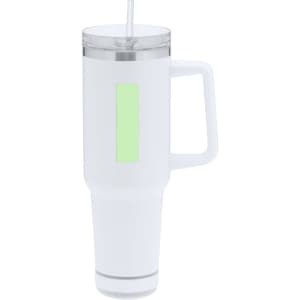A drink bottle in white with a clear lid and straw, featuring a handle and a blank area for branding.
