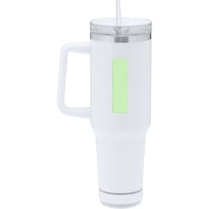 A drink bottle in white with a handle and a transparent lid, featuring a light green rectangular area and a logo.