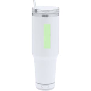 A white insulated jug speaker travel mug with a clear lid and straw, featuring a green accent area and a logo.