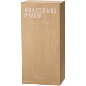 A drink bottle in a cardboard box, featuring an insulated mug speaker design. The packaging is brown with a logo.